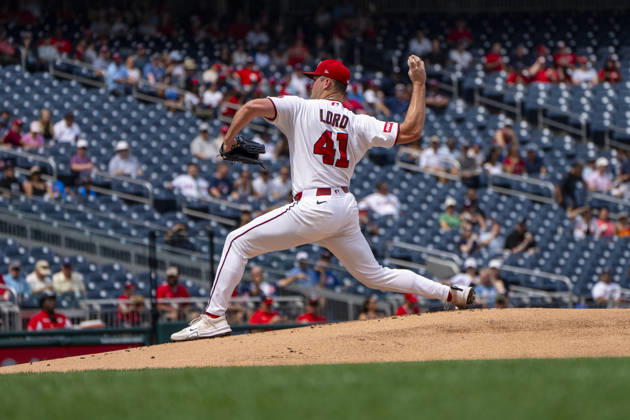 Washington Nationals pitcher Brad Lord (41) pitches in the top of the first inning during a game against the Atlanta Braves in Washington, DC on Wednesday, September 2, 2026.  WAP20260902404 BONNIExCASH