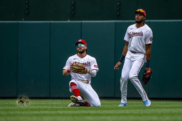 Washington Nationals center fielder Dylan Crews (3) catches a fly out from Atlanta Braves third baseman Austin Riley (27) in the top of the third inning during a game at Nationals Park in Washington, DC on Wednesday, September 2, 2026.  WAP20260902412 BONNIExCASH