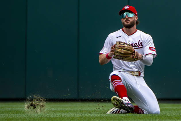 Washington Nationals center fielder Dylan Crews (3) catches a fly out from Atlanta Braves third baseman Austin Riley (27) in the top of the third inning during a game at Nationals Park in Washington, DC on Wednesday, September 2, 2026.  WAP20260902418 BONNIExCASH