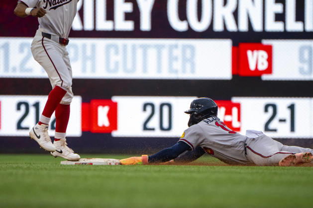 Atlanta Braves right fielder Ronald Acuna Jr. (13) slides to steal second base in the top of the sixth inning during a game against the Washington Nationals at Nationals Park in Washington, DC on Wednesday, September 2, 2026. The Braves beat the Nationals 9-0.  WAP20260902457 BONNIExCASH