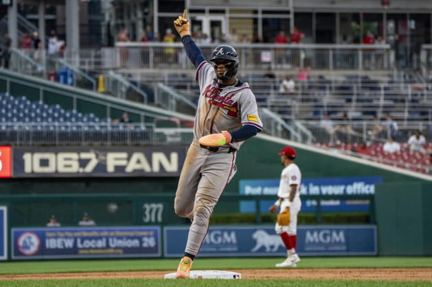 Atlanta Braves right fielder Ronald Acuna Jr. (13) celebrates while running the bases after Atlanta Braves catcher Sean Murphy (12) hits a home run in the top of the sixth inning during a game against the Washington Nationals at Nationals Park in Washington, DC on Wednesday, September 2, 2026. The Braves beat the Nationals 9-0.  WAP20260902462 BONNIExCASH