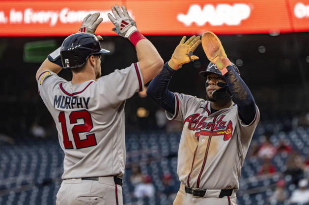 Atlanta Braves catcher Sean Murphy (12) celebrates with Atlanta Braves right fielder Ronald Acuna Jr. (13) after hitting a home run in the top of the sixth inning during a game against the Washington Nationals at Nationals Park in Washington, DC on Wednesday, September 2, 2026. The Braves beat the Nationals 9-0.  WAP20260902466 BONNIExCASH