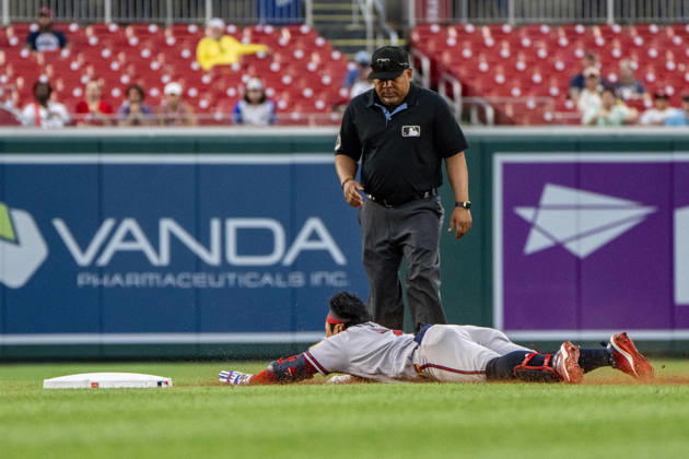 Atlanta Braves short-stop Ha-Seong Kim (7) slides into second base after hitting a line drive to left field in the top of the seventh inning during a game against the Washington Nationals at Nationals Park in Washington, DC on Wednesday, September 2, 2026. The Braves beat the Nationals 9-0.  WAP20260902468 BONNIExCASH