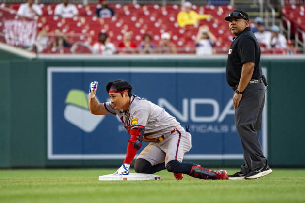 Atlanta Braves short-stop Ha-Seong Kim (7) celebrates a double on a line drive to left field in the top of the seventh inning during a game against the Washington Nationals at Nationals Park in Washington, DC on Wednesday, September 2, 2026. The Braves beat the Nationals 9-0.  WAP20260902469 BONNIExCASH