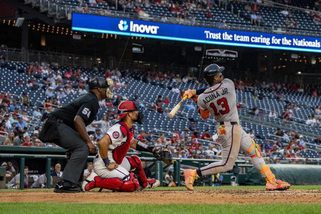 Atlanta Braves right fielder Ronald Acuna Jr. (13) hits a home run in the top of the seventh inning during a game against the Washington Nationals at Nationals Park in Washington, DC on Wednesday, September 2, 2026. The Braves beat the Nationals 9-0.  WAP20260902470 BONNIExCASH