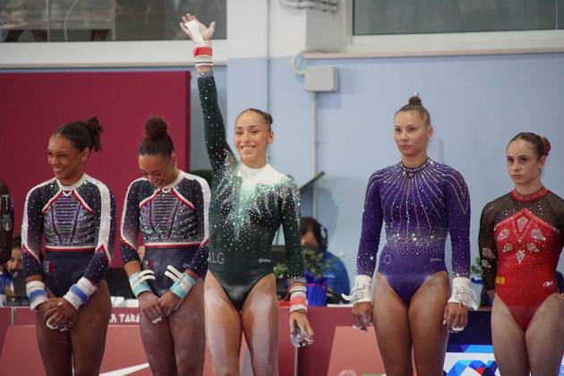 Kaylia Nemour Won Her Third Gold Medal At The JM-2026 Algerian Olympic champion Kaylia Nemour (C) wins two gold medals in artistic gymnastics during the 2026 Mediterranean Games in Taranto, Italy, on September 2, 2026. Algeria ranks ninth in the provisional medal standings with a total of 36 medals, including 10 gold, 7 silver and 19 bronze. Taranto Italy  Copyright: xAPPx originalFilename:app-notitle260902_nptXt.jpg