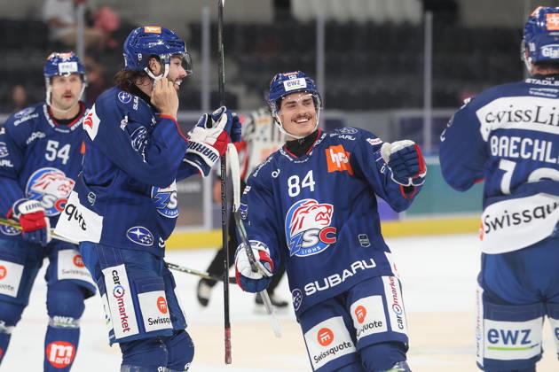 September 3, 2026, Zurich, SWITZERLAND, Swiss Life Arena, 2026–2027 Ice Hockey Season, Exhibition Game: ZSC Lions vs. Schwenninger Wild Wings, Goal Celebration: Willy Riedi, Nino Niedermann, and Nicolas Baechler (ZSC Lions)