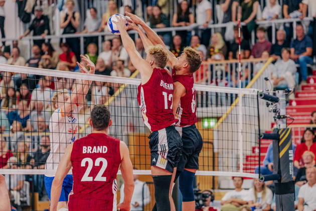 GER, Volleyball, European Championship warm-up match, friendly, Germany vs. Netherlands, 09 04 26 Block by Anton Brehme 12, Germany, and Erik Röhrs 66, Germany. Photo: HMB Media, Etienne Schlick Copyright: HMBxMedia EtiennexSchlick