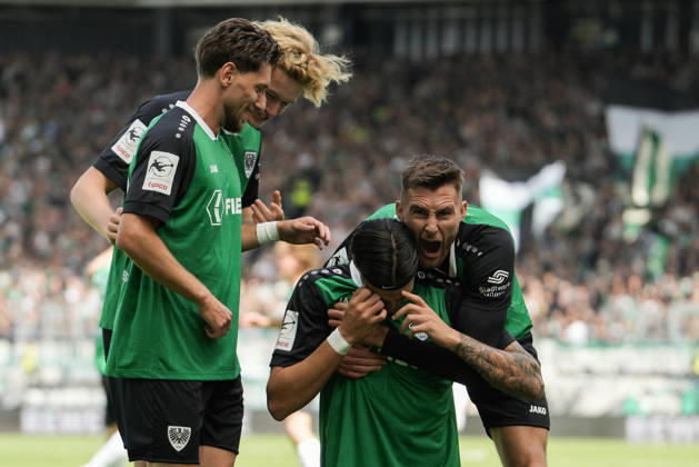 Germany 3rd Division 2026–2027, Matchday 4: SC Preußen Münster vs. TSV Havelse, Saturday, September 5, 2026, LVM Preußenstadion, Münster, North Rhine-Westphalia, Germany; goal celebration, joy, emotions; 1–0 goal by Antonio Tikvic (SC Preußen Münster); 4; celebration with Felix Higl (SC Preußen Münster); 33 Copyright: xMerlexKölkingx