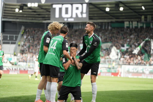 Germany 3rd Division 2026–2027, Matchday 4: SC Preußen Münster vs. TSV Havelse, Saturday, September 5, 2026, LVM Preußenstadion, Münster, North Rhine-Westphalia, Germany; Goal celebration, joy, emotions; Goal to make it 1–0 by Antonio Tikvic (SC Preußen Münster); 4 Celebrating with Felix Higl (SC Preußen Münster); No. 33 Charalambos Makridis (SC Preußen Münster), No. 14 Niklas Varelmann (SC Preußen Münster), No. 36 Copyright: xMerlexKölkingx