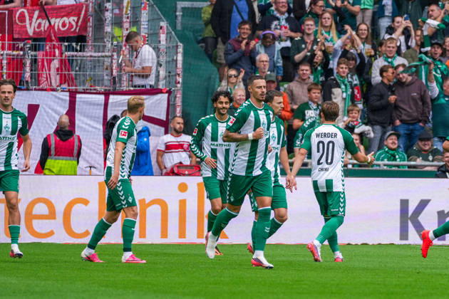 Eren Dinkci scores the 1-0 goal for Werder Bremen; Eren Dinkci, Werder Bremen, 18, goal celebration, emotions, goal celebration, German soccer, Bundesliga, 2026–27 season, Matchday 2, September 5, 2026, Werder Bremen vs. RB Leipzig, Weserstadion, Bremen Copyright: xLeonxFrickx