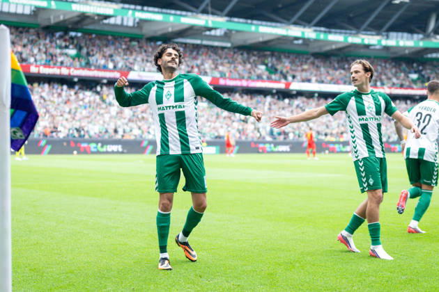 1 Bundesliga: SV Werder Bremen vs. RB Leipzig on September 5, 2026, at the Weserstadion in Bremen—celebrations, goal celebrations, goal scorers, goal scorer Eren Dinkci; Bremen celebrates after his goal to make it 1–0 MT