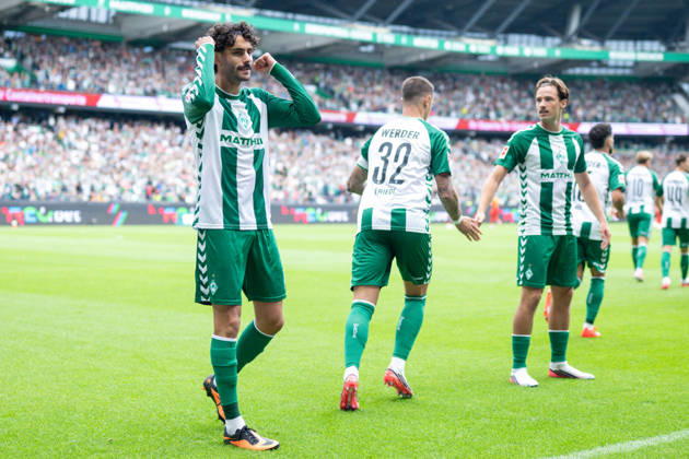 1 Bundesliga: SV Werder Bremen vs. RB Leipzig on September 5, 2026, at the Weserstadion in Bremen—Cheers, goal celebrations, goal scorers, goal scorer Eren Dinkci; Bremen celebrates after his goal to make it 1–0 MT
