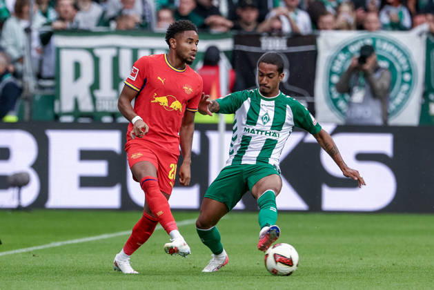 Christopher Nkunku (RB Leipzig, 28) and Arthur (SV Werder Bremen, 13) in a one-on-one battle, duel, dynamic moment, action, game scene, THE DFL GUIDELINES PROHIBIT ANY USE OF PHOTOGRAPHS AS STILL IMAGES AND OR VIDEO-LIKE PHOTO SEQUENCES DFL REGULATIONS PROHIBIT ANY USE OF PHOTOGRAPHS AS IMAGE SEQUENCES AND OR QUASI-VIDEO, May 9, 2026, Bremen, Germany, Soccer, Bundesliga, SV Werder Bremen vs. RB Leipzig xobx