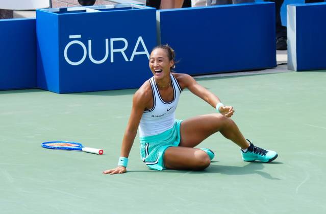 Qinwen Zheng celebrates her stunning win over Madison Keys, coming back from 5-0 down in the final set 2026 US Open, Day Seven, USTA Billie Jean King National Tennis Center, New York, USA - 05 Sep 2026New York USTA Billie Jean King National T New York (NY) United States of America EDITORIAL USE ONLY No use with unauthorised audio, video, data, fixture lists, club league logos or live services. Online in-match use limited to 120 images, no video emulation. No use in betting, games or single club league player publications.  Copyright: xJavierxGarcia Shutterstockx 17134332v