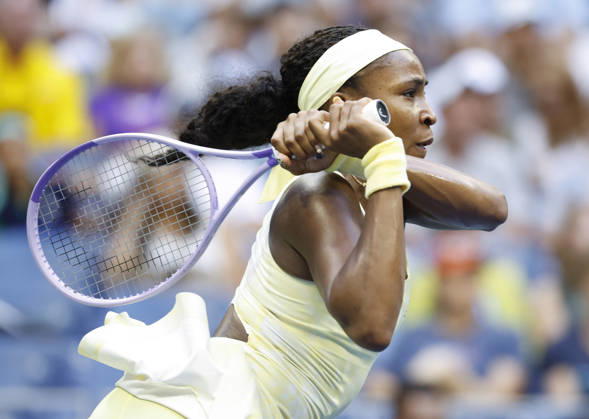 Coco Gauff returns a ball to Cristina Bucsa of Spain before defeating her in straight sets in Arthur Ashe Stadium in the 3rd round at the 2026 US Open Tennis Championship at the USTA Billie Jean King National Tennis Center in New York City on Saturday, September 5, 2026.  NYP20260905104 JOHNxANGELILLO