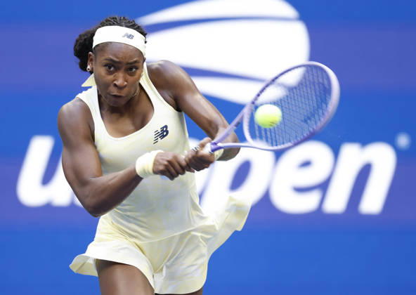 Coco Gauff returns a ball to Cristina Bucsa of Spain before defeating her in straight sets in Arthur Ashe Stadium in the 3rd round at the 2026 US Open Tennis Championship at the USTA Billie Jean King National Tennis Center in New York City on Saturday, September 5, 2026.  NYP20260905101 JOHNxANGELILLO
