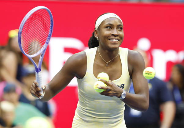 Coco Gauff celebrates after match point defeating Cristina Bucsa of Spain in straight sets in Arthur Ashe Stadium in the 3rd round at the 2026 US Open Tennis Championship at the USTA Billie Jean King National Tennis Center in New York City on Saturday, September 5, 2026.  NYP20260905106 JOHNxANGELILLO
