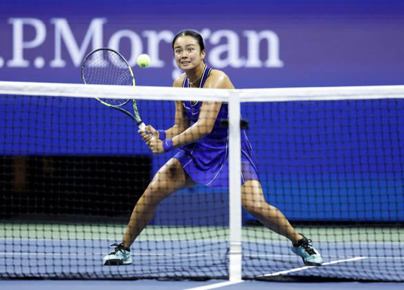 Alexandra Eala of the Philippines returns a ball to Iva Jovic in Arthur Ashe Stadium in the 3rd round at the 2026 US Open Tennis Championship at the USTA Billie Jean King National Tennis Center in New York City on Saturday, September 5, 2026. NYP20260905122 JOHNxANGELILLO