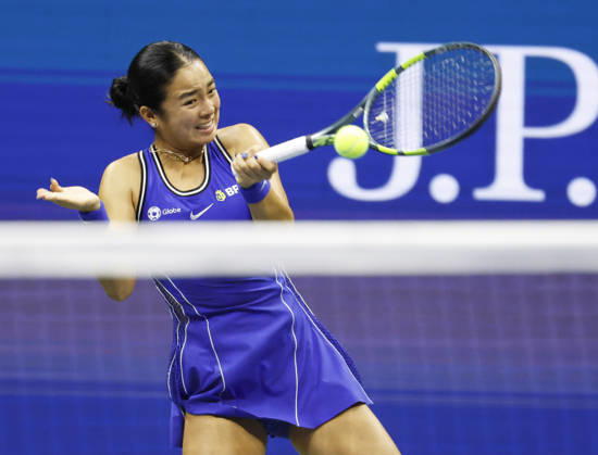 Alexandra Eala of the Philippines returns a ball to Iva Jovic in Arthur Ashe Stadium in the 3rd round at the 2026 US Open Tennis Championship at the USTA Billie Jean King National Tennis Center in New York City on Saturday, September 5, 2026. NYP20260905127 JOHNxANGELILLO