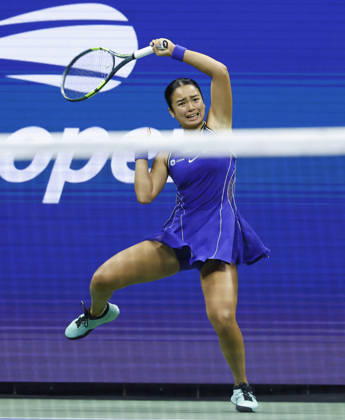 Alexandra Eala of the Philippines returns a ball to Iva Jovic in Arthur Ashe Stadium in the 3rd round at the 2026 US Open Tennis Championship at the USTA Billie Jean King National Tennis Center in New York City on Saturday, September 5, 2026. NYP20260905129 JOHNxANGELILLO