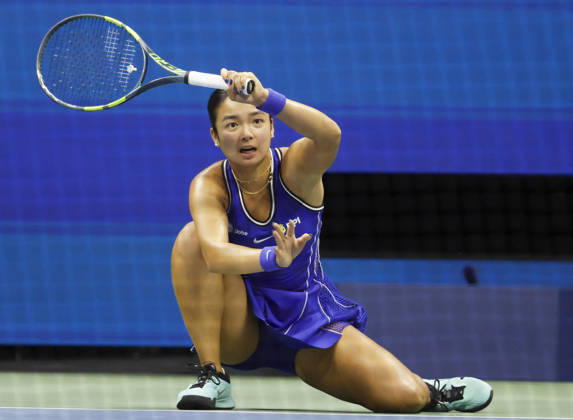 Alexandra Eala of the Philippines returns a ball to Iva Jovic in Arthur Ashe Stadium in the 3rd round at the 2026 US Open Tennis Championship at the USTA Billie Jean King National Tennis Center in New York City on Saturday, September 5, 2026. NYP20260905131 JOHNxANGELILLO