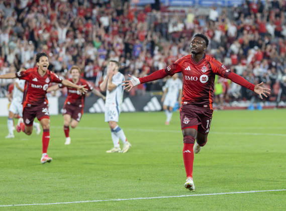 (260906) -- TORONTO, Sept. 6, 2026 -- Derrick Etienne Jr. (1st R) of Toronto FC celebrates scoring during the 2026 Major League Soccer MLS, Fussball Herren, USA regular season match between Toronto FC and Chicago Fire FC at BMO Field in Toronto, Canada, Sept. 5, 2026. (Photo by Xinhua) (SP) CANADA-TORONTO-SOCCER-MLS-TORONTO FC VS CHICAGO FIRE FC ZouxZheng 
