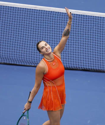 Aryna Sabalenka of Belarus celebrates after defeating Taylor Townsend in straight sets in Arthur Ashe Stadium in the 4th round at the 2026 US Open Tennis Championship at the USTA Billie Jean King National Tennis Center in New York City on Sunday, September 6, 2026.  NYP20260906101 JOHNxANGELILLO