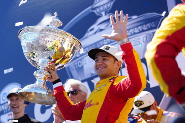 September 6, 2026, Monterey, California, USA: Alex Palou (Spain) driver of the 10 Chip Ganassi Racing Honda, celebrates his winning of the 2026 IndyCar, Indy Car, IRL, USA Championship on the podium following the IndyCar race at WeatherTech Raceway Laguna Seca. IndyCar Race - Monterey  - ZUMAd212 20260906_zsp_d212_005 Copyright: xRichardxDolex