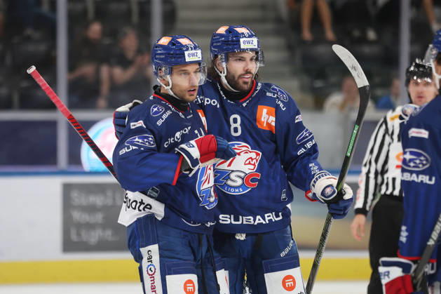 September 3, 2026, Zurich, SWITZERLAND, Swiss Life Arena, 2026–2027 Ice Hockey Season, Exhibition Game: ZSC Lions vs. Schwenninger Wild Wings, Goal Celebration: Chris Baltisberger, Willy Riedi, ZSC Lions