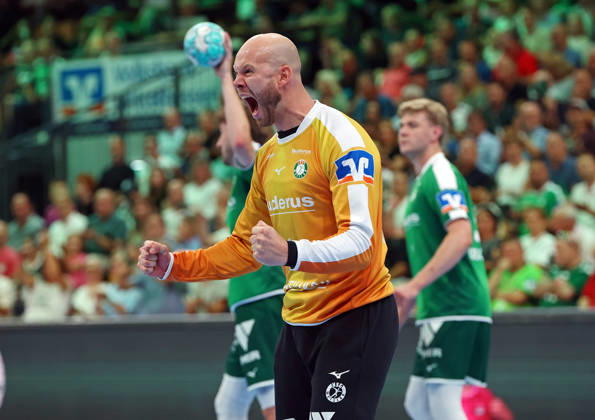 September 7, 2026, xovx, Opel Handball Bundesliga, HSG Wetzlar vs. ThSV Eisenach; Bart Ravensbergen celebrates for HSG Wetzlar; Wetzlar Buderus Arena, Hesse, Germany, DE