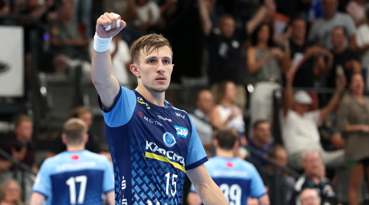 September 6, 2026, Germany, Stuttgart, Handball: TVB Stuttgart vs. Füchse Berlin; Simone Mengon of TVB celebrates and pumps her fist