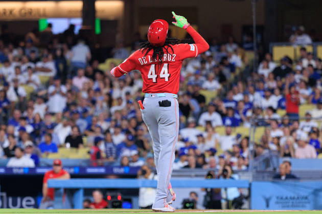 September 8, 2026, Los Angeles, California, USA: Elly De La Cruz 44 of the Cincinnati Reds celebrates after hitting a solo home run in the first inning during a regular-season MLB, Baseball Herren, USA game against the Los Angeles Dodgers on Tuesday September 8, 2026 at Dodger Stadium in Los Angeles, California. Dodgers defeat Reds, 3-2. JAVIER ROJAS PI Los Angeles USA - ZUMAp124 20260908_zaa_p124_015 Copyright: xJavierxRojasx