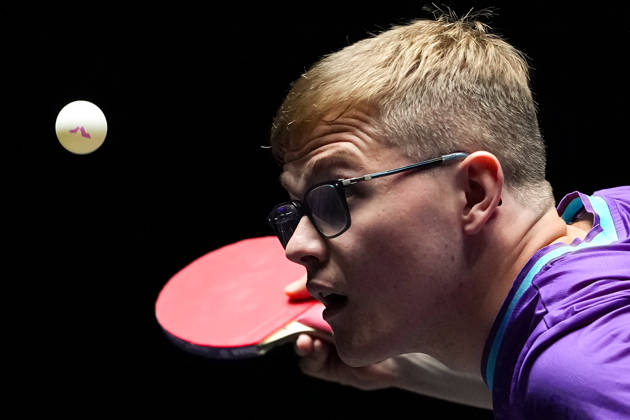(260909) -- MACAO, Sept. 9, 2026 -- Alexis Lebrun serves during the men s singles round of 32 match between Manav Thakkar of India and Alexis Lebrun of France at the 2026 World Table tennis, Tischtennis (WTT) Champions Macao in Macao, south China, Sept. 9, 2026. ) (SP)CHINA-MACAO-TABLE TENNIS-WTT-MEN S SINGLES (CN) CheongxKamxKa 