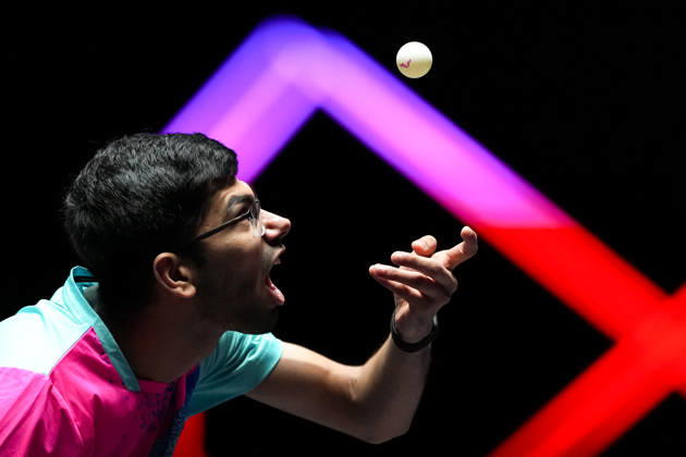 (260909) -- MACAO, Sept. 9, 2026 -- Manav Thakkar serves during the men s singles round of 32 match between Manav Thakkar of India and Alexis Lebrun of France at the 2026 World Table tennis, Tischtennis (WTT) Champions Macao in Macao, south China, Sept. 9, 2026. ) (SP)CHINA-MACAO-TABLE TENNIS-WTT-MEN S SINGLES (CN) CheongxKamxKa 