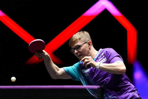 (260909) -- MACAO, Sept. 9, 2026 -- Alexis Lebrun hits a return during the men s singles round of 32 match between Manav Thakkar of India and Alexis Lebrun of France at the 2026 World Table tennis, Tischtennis (WTT) Champions Macao in Macao, south China, Sept. 9, 2026. ) (SP)CHINA-MACAO-TABLE TENNIS-WTT-MEN S SINGLES (CN) CheongxKamxKa 