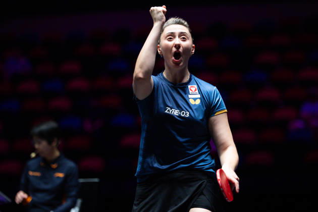 (260909) -- MACAO, Sept. 9, 2026 -- Sofia Polcanova celebrates during the women s singles round of 32 match between Sofia Polcanova of Austria and Yuan Jia Nan of France at the 2026 World Table tennis, Tischtennis (WTT) Champions Macao in Macao, south China, Sept. 9, 2026. ) (SP)CHINA-MACAO-TABLE TENNIS-WTT-WOMEN S SINGLES (CN) CheongxKamxKa 