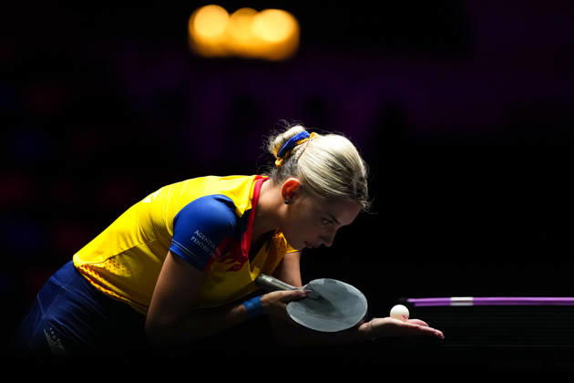 (260909) -- MACAO, Sept. 9, 2026 -- Bernadette Szocs gets ready to serve during the women s singles round of 32 match between Bernadette Szocs of Romania and Sabine Winter of Germany at the 2026 World Table tennis, Tischtennis (WTT) Champions Macao in Macao, south China, Sept. 9, 2026. ) (SP)CHINA-MACAO-TABLE TENNIS-WTT-WOMEN S SINGLES (CN) CheongxKamxKa 