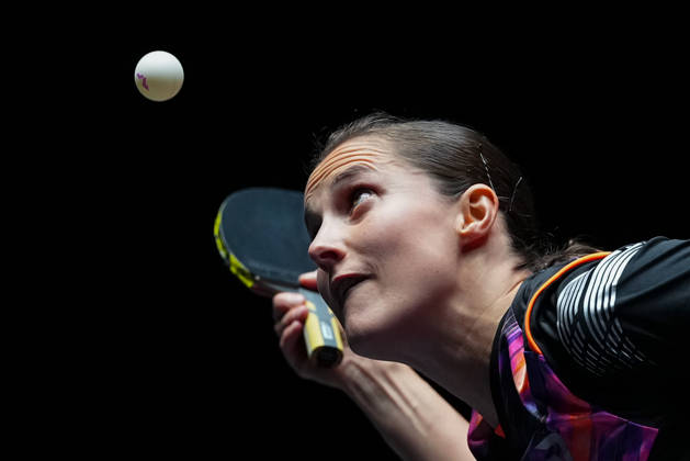 (260909) -- MACAO, Sept. 9, 2026 -- Sabine Winter serves during the women s singles round of 32 match between Bernadette Szocs of Romania and Sabine Winter of Germany at the 2026 World Table tennis, Tischtennis (WTT) Champions Macao in Macao, south China, Sept. 9, 2026. ) (SP)CHINA-MACAO-TABLE TENNIS-WTT-WOMEN S SINGLES (CN) CheongxKamxKa 