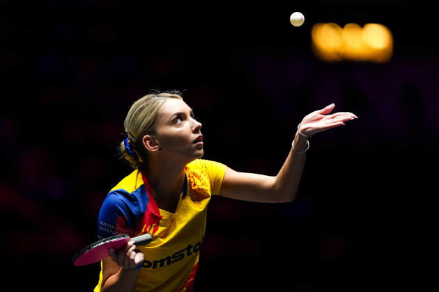 (260909) -- MACAO, Sept. 9, 2026 -- Bernadette Szocs serves during the women s singles round of 32 match between Bernadette Szocs of Romania and Sabine Winter of Germany at the 2026 World Table tennis, Tischtennis (WTT) Champions Macao in Macao, south China, Sept. 9, 2026. ) (SP)CHINA-MACAO-TABLE TENNIS-WTT-WOMEN S SINGLES (CN) CheongxKamxKa 