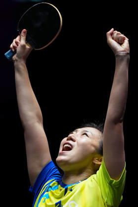 (260909) -- MACAO, Sept. 9, 2026 -- Han Ying celebrates after the women s singles round of 32 match between Kuai Man of China and Han Ying of Germany at the 2026 World Table tennis, Tischtennis (WTT) Champions Macao in Macao, south China, Sept. 9, 2026. ) (SP)CHINA-MACAO-TABLE TENNIS-WTT-WOMEN S SINGLES (CN) CheongxKamxKa 