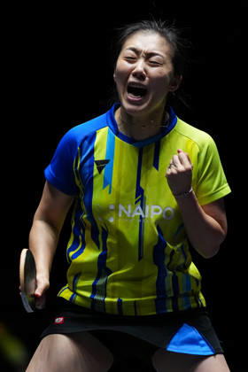 (260909) -- MACAO, Sept. 9, 2026 -- Han Ying celebrates during the women s singles round of 32 match between Kuai Man of China and Han Ying of Germany at the 2026 World Table tennis, Tischtennis (WTT) Champions Macao in Macao, south China, Sept. 9, 2026. ) (SP)CHINA-MACAO-TABLE TENNIS-WTT-WOMEN S SINGLES (CN) CheongxKamxKa 