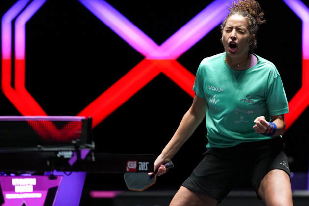 (260909) -- MACAO, Sept. 9, 2026 -- Hana Goda celebrates during the women s singles round of 32 match between Hana Goda of Egypt and Bruna Takahashi of Brazil at the 2026 World Table tennis, Tischtennis (WTT) Champions Macao in Macao, south China, Sept. 9, 2026. ) (SP)CHINA-MACAO-TABLE TENNIS-WTT-WOMEN S SINGLES (CN) CheongxKamxKa 