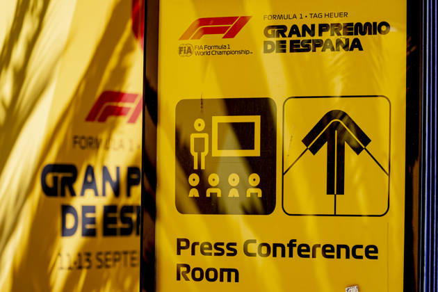 MADRID: The sign pointing to the press conference room during the Formula 1 Spanish Grand Prix at the Madrid Circuit on September 9, 2026, in Madrid, Spain. Photo by DeFodi Images