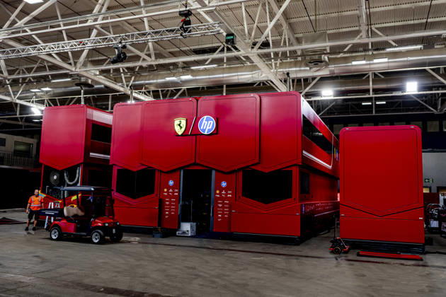 MADRID The Ferrari motorhome, parked inside a hall during the Formula 1 Spanish Grand Prix at the Madrid Circuit on September 9, 2026, in Madrid, Spain. Photo by DeFodi Images