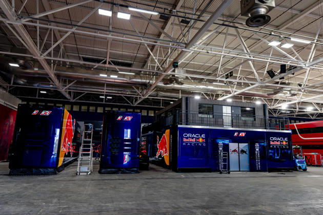 MADRID The Red Bull motorhome parked inside a hall during the Formula 1 Spanish Grand Prix at the Madrid Circuit on September 9, 2026, in Madrid, Spain. Photo by DeFodi Images