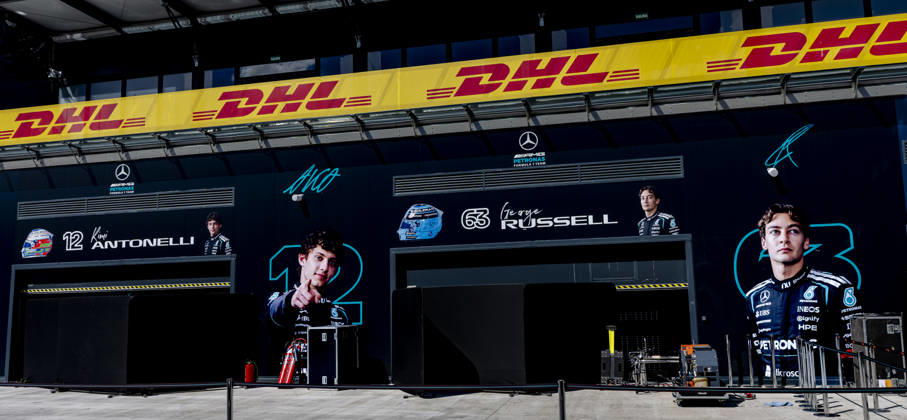 MADRID: Mercedes pit box during the Formula 1 Spanish Grand Prix at the Madrid Circuit on September 9, 2026, in Madrid, Spain. Photo by DeFodi Images