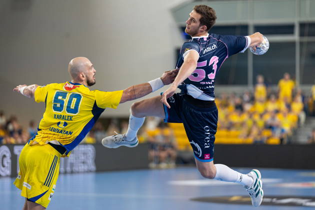 Kielce 09.09.2026. Handball EHF Champions League season 2026 2027 round 1 match between Industria Kielce and HC Kriens-Luzern in Kielce, Poland --- Pilka reczna EHF Liga Mistrzow sezon 2026 2027 kolejka 1 mecz : Industria Kielce - HC Kriens-Luzern Persons Shown : Mykola Bilyk Artsem Karalek Photo by Igor Jakubowski Arena Akcji NEWSPIX.PL --- newspix.pl 