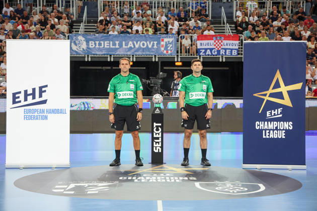 HC Zagreb v RK Celje Pivovarna Lasko - EHF Champions League Men Group Phase - Group C ZAGREB, CROATIA - SEPTEMBER 9: Referees Blagojche Todorovski and Dimitar Mitrevski prior to the EHF Champions League Men Group Phase match between HC Zagreb and RK Celje Pivovarna Lasko at Arena Zagreb on September 9, 2026 in Zagreb, Croatia.  MatijaxHabljak PIXSELL