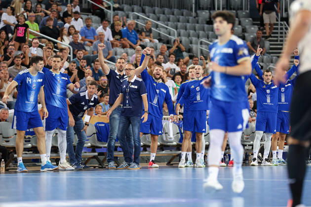 HC Zagreb v RK Celje Pivovarna Lasko - EHF Champions League Men Group Phase - Group C ZAGREB, CROATIA - SEPTEMBER 9: Hrvoje Horvat, Jakov Gojun, Zlatko Rauzan of HC Zagreb celebrate after a goal during the EHF Champions League Men Group Phase match between HC Zagreb and RK Celje Pivovarna Lasko at Arena Zagreb on September 9, 2026 in Zagreb, Croatia.  MatijaxHabljak PIXSELL